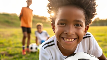 Joyful African American boy with soccer ball, smiling on sunny field while friends play