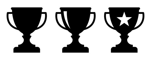 Trophy icon set. Trophy icons, cup, winner, victory, medal, award, first place, champion, hero, success, star, label, emblem, logo, badge, web. Vector illustration.
