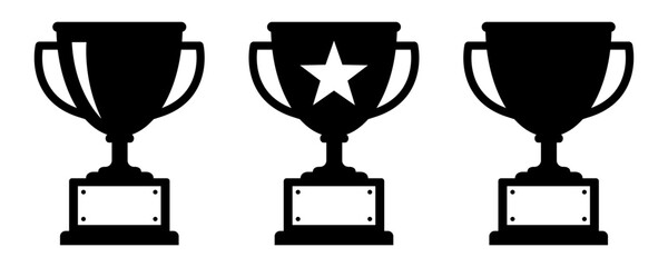 Trophy icon set. Trophy icons, cup, winner, victory, medal, award, first place, champion, hero, success, star, label, emblem, logo, badge, web. Vector illustration.
