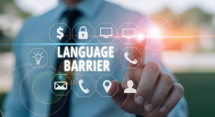 Close up of a finger tapping a glowing 'Language Barrier' text with communication icons over a blurred background. Illustrates concepts of translation, global business, and technology.