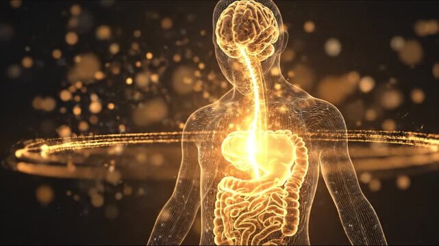 Translucent human silhouette glows with brain and heart radiance, encircled by golden particles now