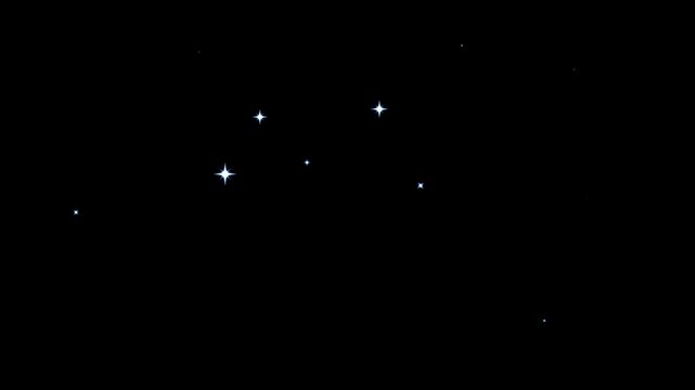 Glittering twinkling stars animation with white cartoon doodle flat vector style, blinking glowing festive shine effects on transparent black screen background, smooth looping 4K