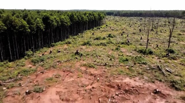 Deforestation: Aerial View of Clearcut Forest Bordering Plantation