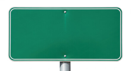 A vibrant green road sign mounted on a silver metal pole is set against a stark white background providing clear, customizable space for text.