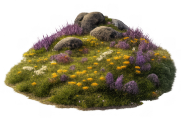 Green grassy mound with colorful blooming flowers and small rocks, natural growing landscape element with transparent background