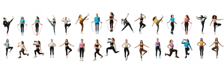 Set of Diverse Men and Women Performing Fitness and Workout Exercises Isolated on White