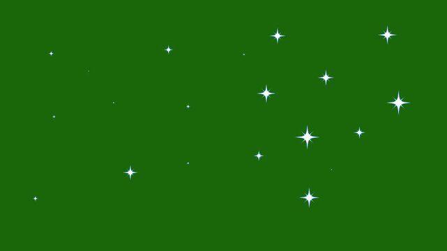 Twinkling glitter stars animation featuring white cartoon doodle flat vector style, glowing blinking festive shine effects for holiday overlays on transparent green screen, smooth 4K