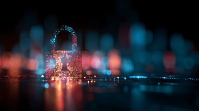 A digital padlock glows above a circuit board, hinting at cybersecurity in a blurred, futuristic cityscape - Powered by Adobe