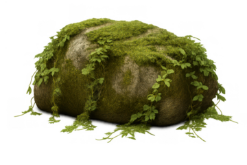 Mossy rock boulder with green vines growing over surface, illustrating nature, growth, and organic texture, transparent background