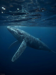 Fototapeta premium Humpback whale breaching underwater towards the bright surface light