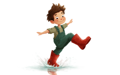 Cartoon boy illustration splashing in puddles with rain boots capturing happiness and playful energy isolated on transparent background PNG