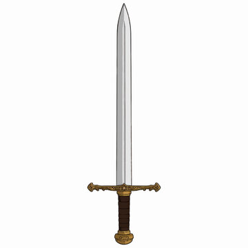 An antique medieval steel sword with a sharp metal blade is a vintage silver weapon isolated as a vector illustration object on a white background