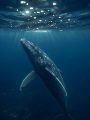 Fototapeta premium Majestic humpback whale swimming towards the ocean surface with light rays