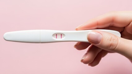 Pregnancy test held by a hand against a soft pink background, showcasing two distinct lines indicating a positive result, symbolizing hope and anticipation for future parenthood