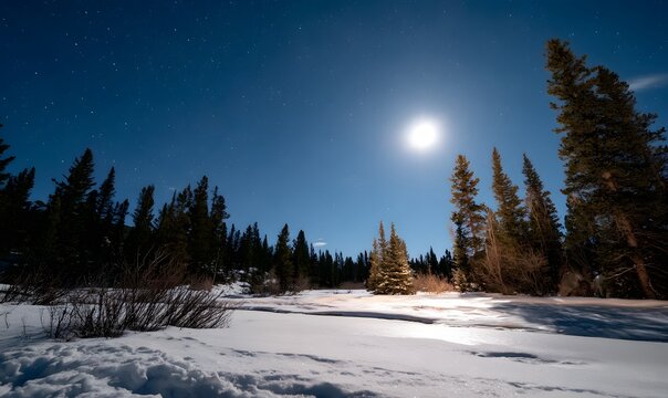 the moonlight shining on snow-covered ground, with spruce trees in the background