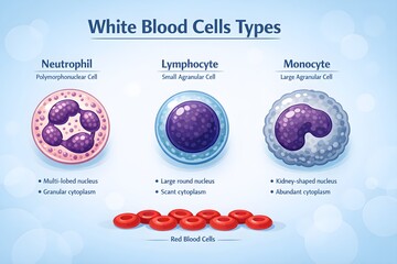 Detailed Vector Diagram of White Blood Cells Types (Neutrophils, Lymphocytes,Monocytes) Labeled