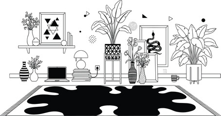 Modern home office interior with indoor plants laptop and abstract wall art in minimalist line art style for creative workspace concept