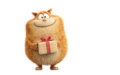 Cute cartoon cat holding a tiny gift box showing happiness excitement fun and lively spirit isolated on transparent background PNG