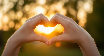 Close up of hands creating a heart shape against a golden sunset, with a blurred bokeh background, capturing love, warmth and connection.