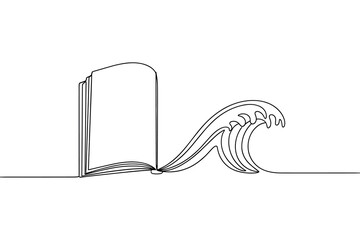 Continuous line drawing of open book with ocean wave splashing from pages vector