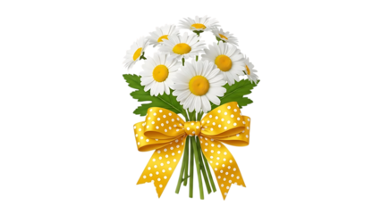 A fresh spring holiday decoration featuring a floral bouquet of yellow daisies and chamomile blossoms arranged with colorful Easter eggs among green leaves and blooming nature
