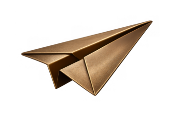 Golden metal paper plane symbolizing success, innovation, communication, ambition, and flying ideas, on transparent background