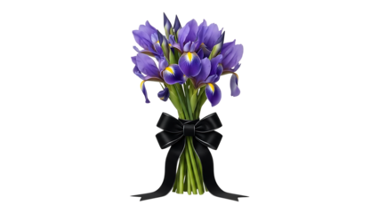 A beautiful spring bouquet featuring a blue hyacinth and purple iris blossoms with green leaves is isolated on a white background, showcasing the vibrant floral beauty of this nature-inspired plant