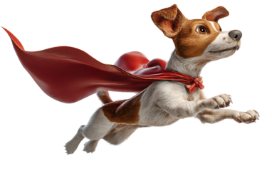 Cartoon dog wearing a superhero cape flying in the air showing playful energy fun excitement and joyful adventure isolated on transparent background PNG