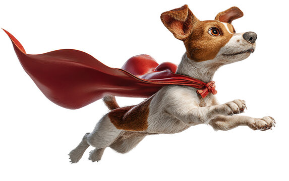 Cartoon dog wearing a superhero cape flying in the air showing playful energy fun excitement and joyful adventure isolated on transparent background PNG