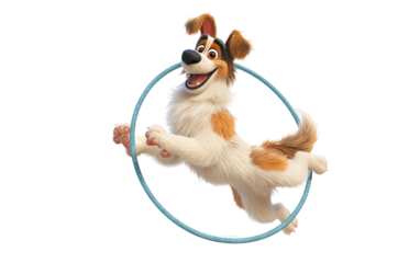 Cute cartoon dog performing hoop jump with playful expression representing cheerful mood, happiness, and lively fun isolated on transparent background PNG