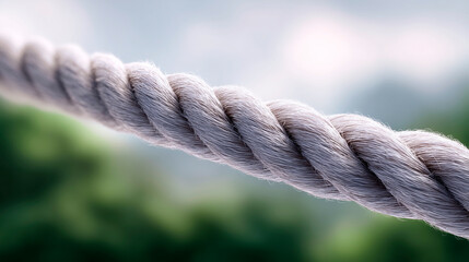 Grey twisted rope stretched diagonally against a blurred green forest and sky background. Concept of strength and connection