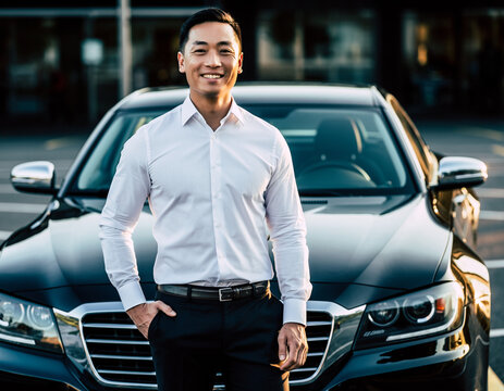 Confident Professional Posing Cheerfully Beside a Vehicle