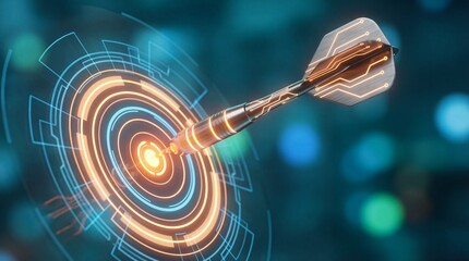 Digital Dart Hitting Orange Target with Blue Tech Overlay isolated PNG with Transparent Background