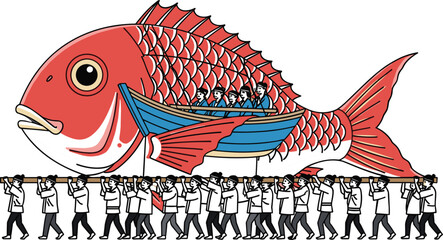 Flat style vector illustration of a team of people carrying a giant red fish float during a Japanese festival © NURUL