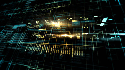 A high-tech digital grid with glowing data streams, abstract connections, and futuristic interface elements representing network systems, cybersecurity, and advanced technology.