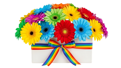 Colorful gift boxes with bows and vibrant gerbera daisy flower bouquets in pink and yellow create a beautiful floral frame for a summer garden decoration