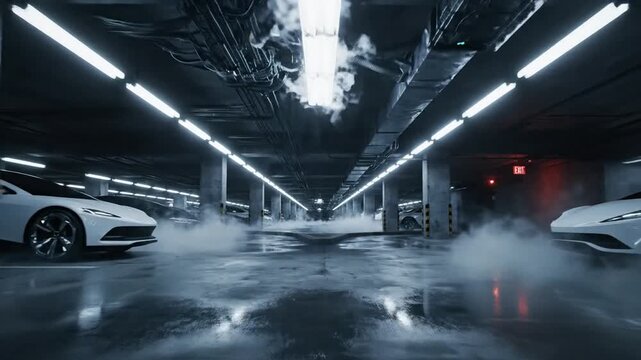 P314-Sci fi looking dark and moody underground parking lot with fluorescent lights on. Two ways 4K 10s