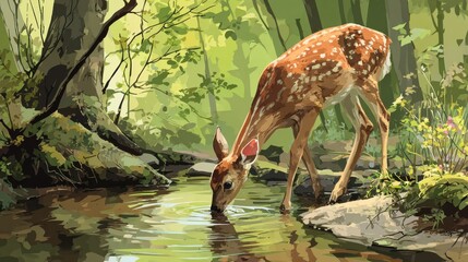 A young deer with white spots drinks from a tranquil stream in a lush, green forest setting, surrounded by vibrant foliage