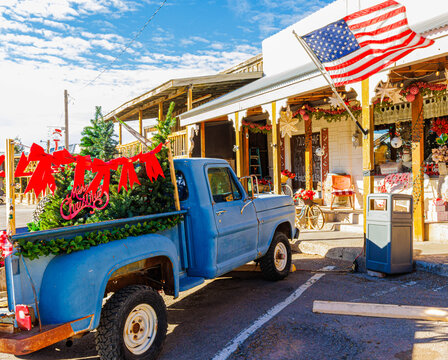 Christmas Decorations and Old Pickup Truck in Historic Downtown, Cloudcroft, New Mexico, USA