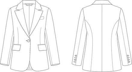 Technical illustration of a women s blazer showcasing front and back views in a clean style