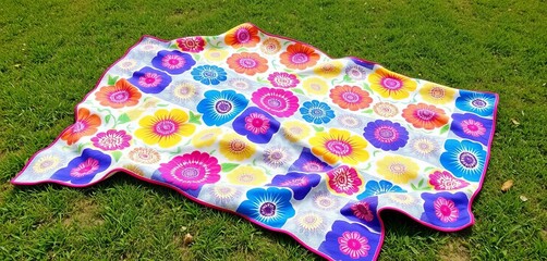Large, bright patterned picnic blanket unfolded on grass,  relaxation,  flat lay