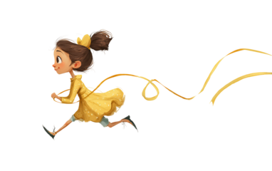 Whimsical cartoon illustration of a joyful girl playing with a ribbon representing activity creativity and youthful charm isolated on transparent background PNG