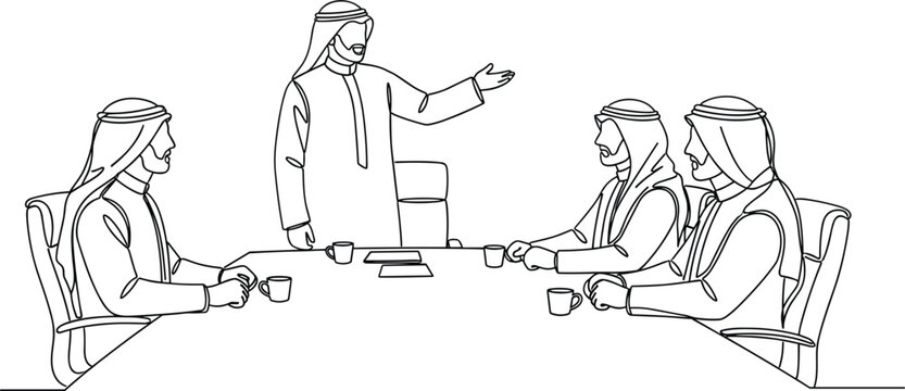 Middle Eastern Arab businessman giving corporate presentation to colleagues at boardroom table in continuous line art vector illustration