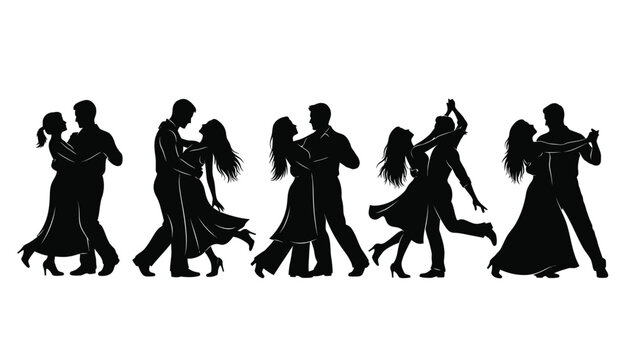 Couple dancing together in different poses silhouette