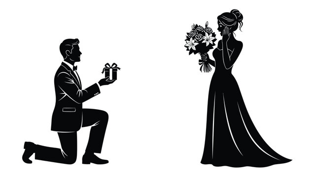 Man proposing to woman with ring and flowers