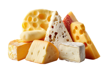 Assorted cheeses piled high on black background