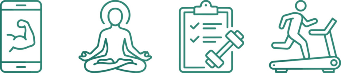 Fitness and wellness app icon set, meditation, workout tracking, training plan, exercise routine, healthy lifestyle illustration, modern line design vector