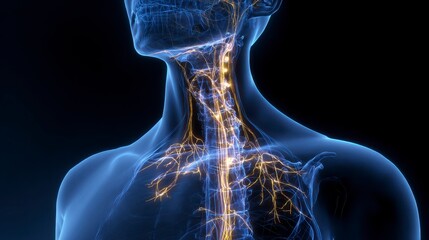 Anatomical illustration showing the human nervous system in a detailed, glowing, blue and gold rendering