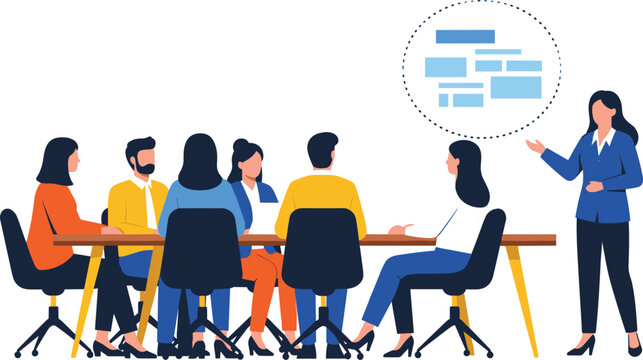 Business professional giving presentation to diverse corporate team sitting at boardroom table during office meeting vector flat illustration