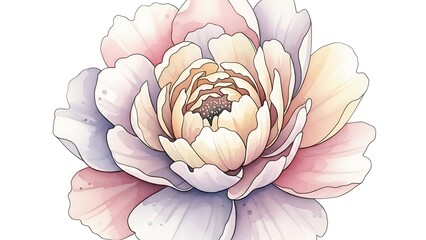 Obraz premium Beautiful large watercolor peony blossom in pastel pink and yellow tones, artistic floral illustration for greeting cards and wall art